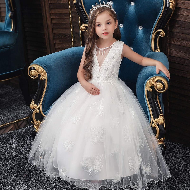 MYRISAM Little Girls Applique Princess Dress Bridesmaid Wedding Party Pageant Birthday Formal Dance Long Maxi Tulle Gown White 11-12T - Image 4